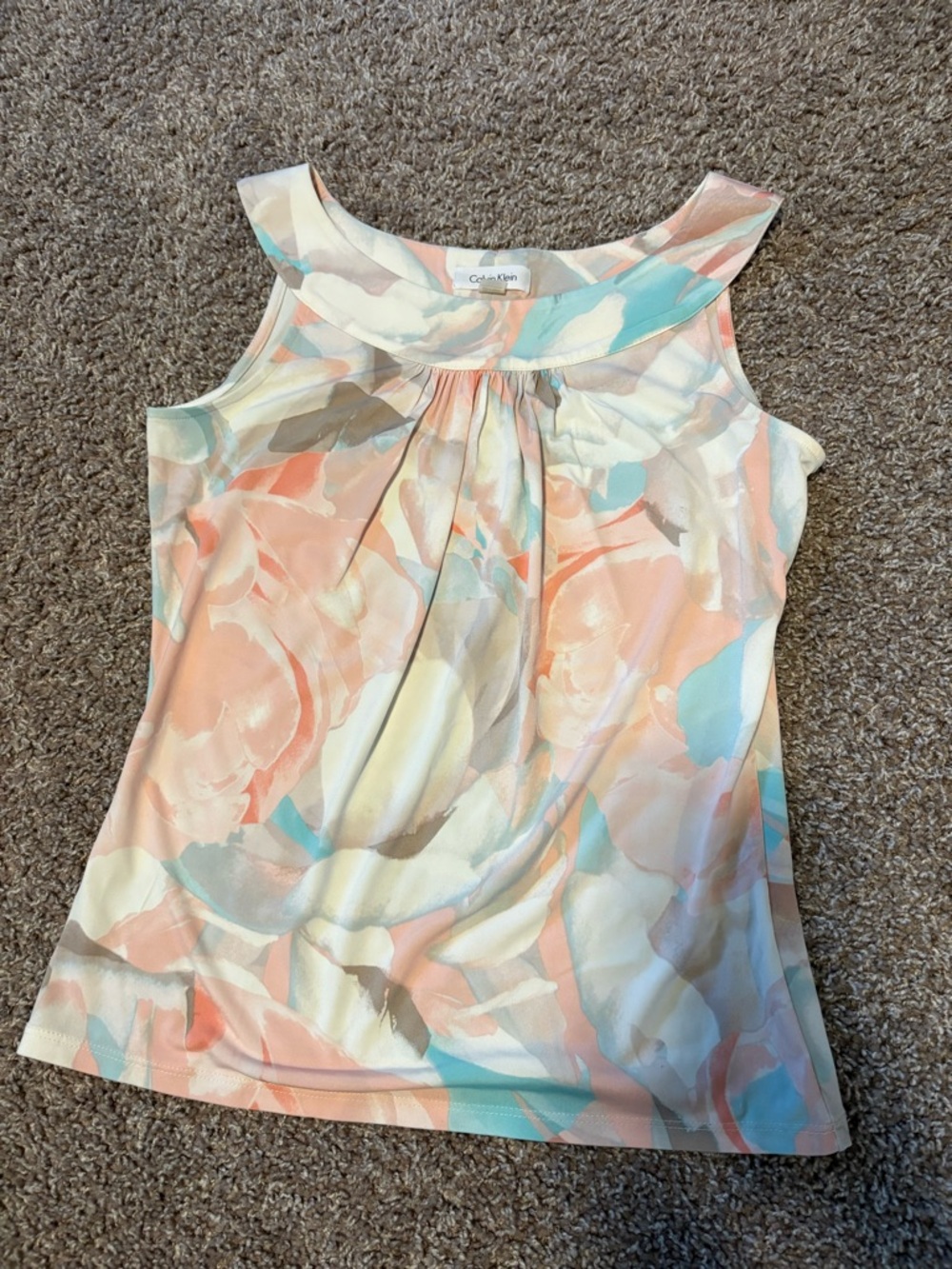 Calvin Klein Pastel Floral Sleeveless Shell Top - Peach, Aqua, Cream